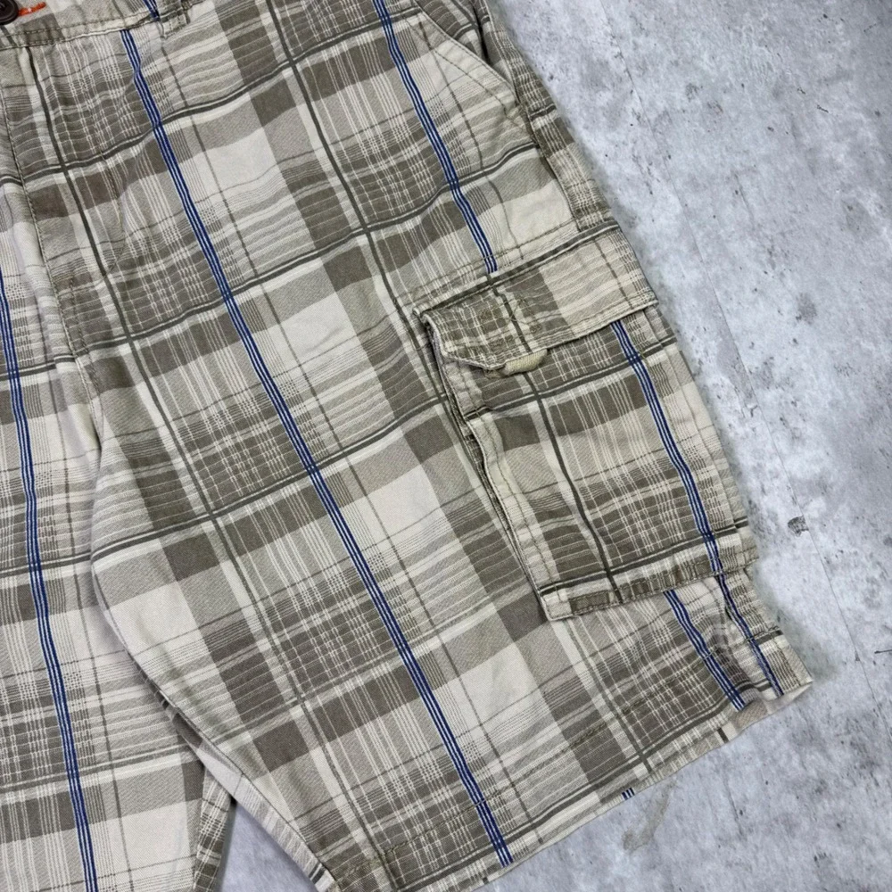 Lazer/Co Mens Plaid Cargo Shorts Size 38 Tan Blue Utility Workwear Casual